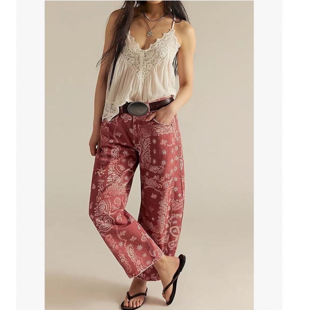 loveimgs Barrel Jeans Floral Paisley Print Women Size M Red Wide Leg Baggy Ankle